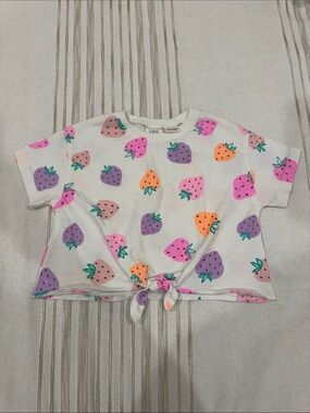 Zara White Cropped Knot Tee with Pink, Purple & Orange Strawberry Print